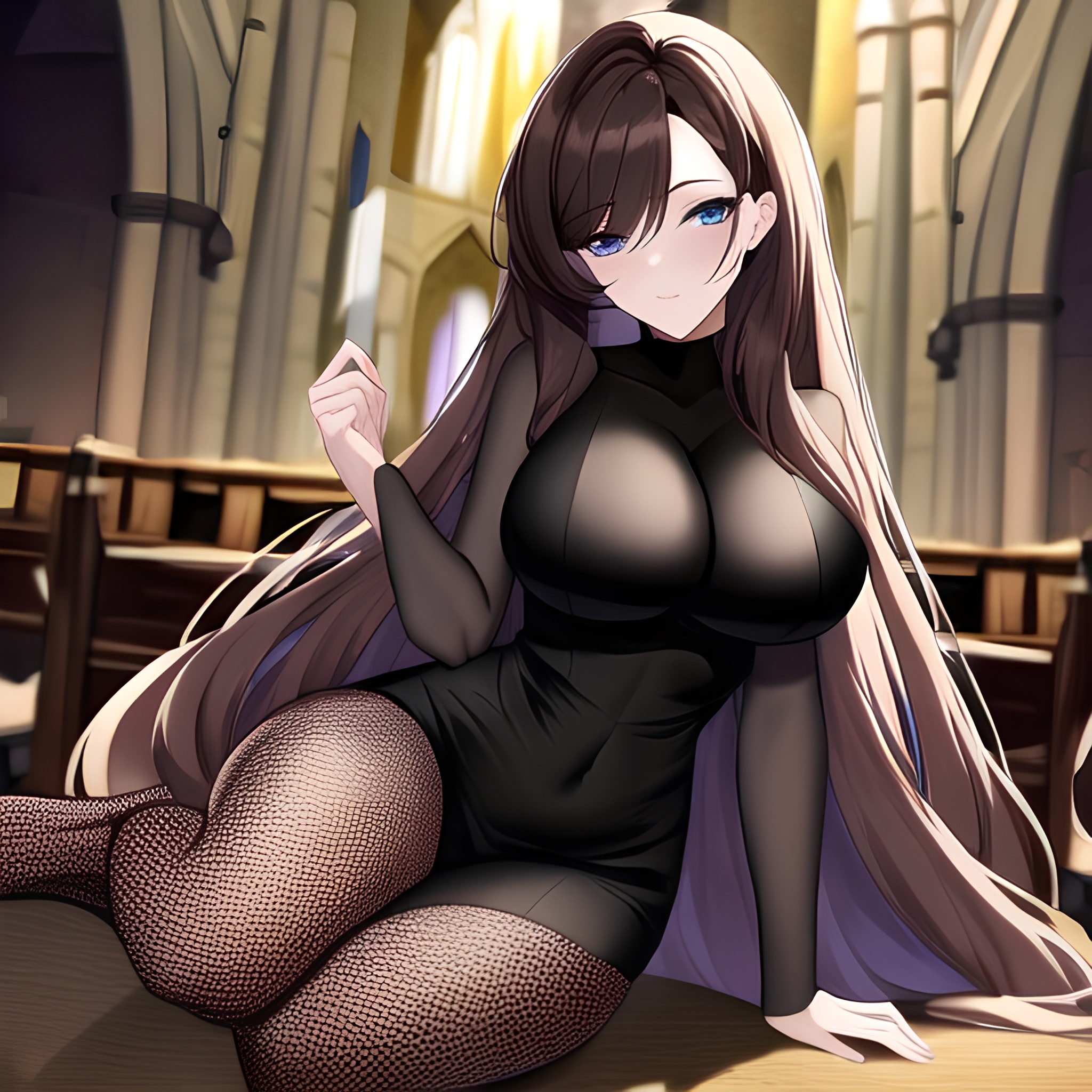 brunette messy hair church woman long hair fishnet 