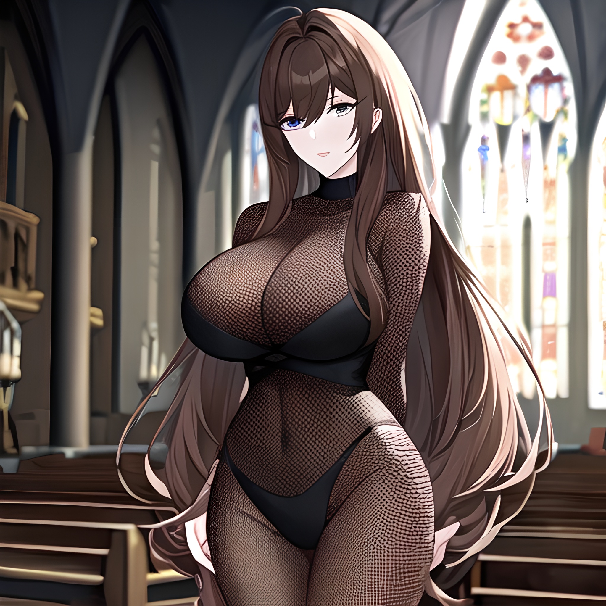 brunette messy hair church woman long hair fishnet
