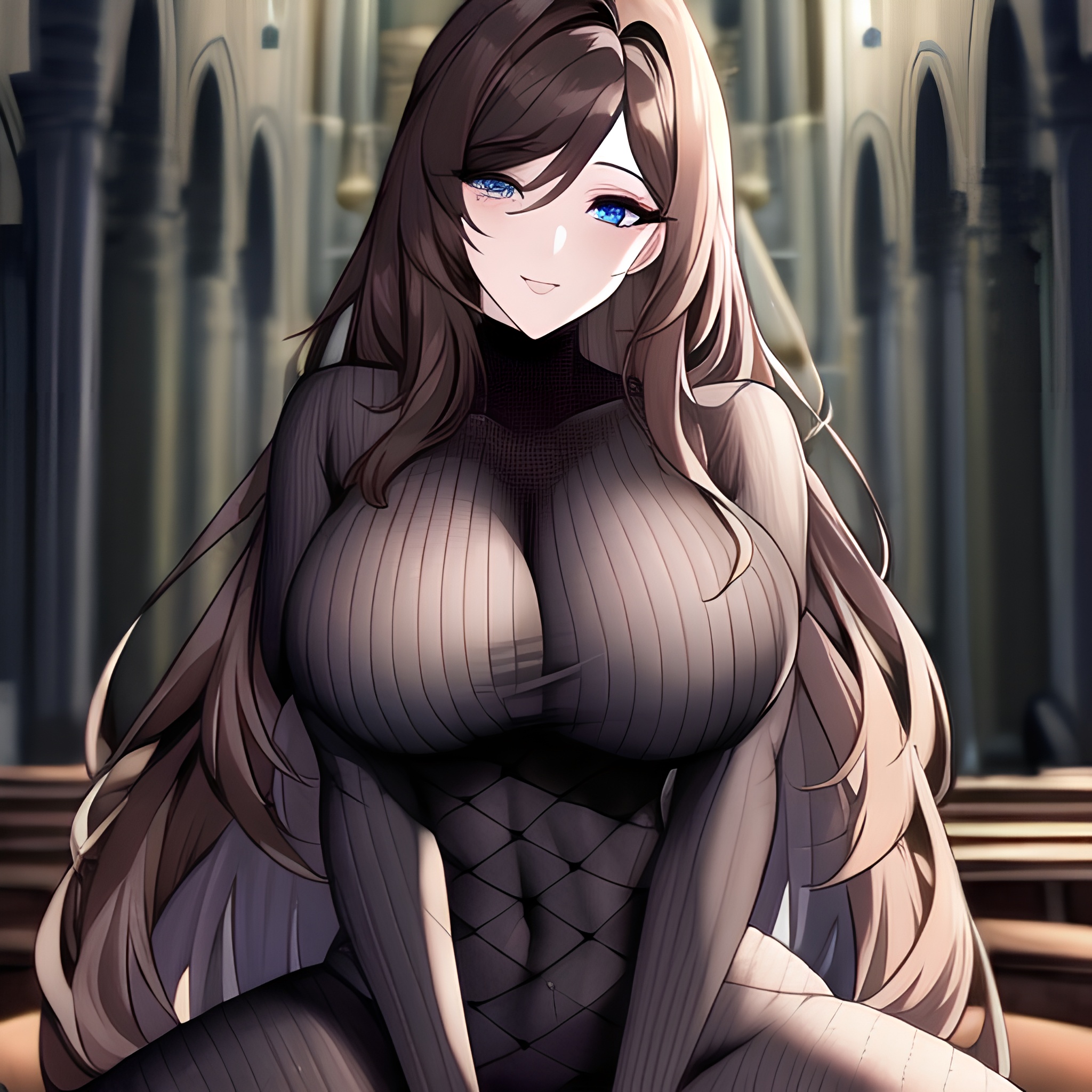 brunette messy hair fishnet church long hair woman 
