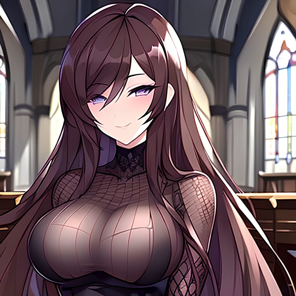 brunette messy hair fishnet church woman long hair