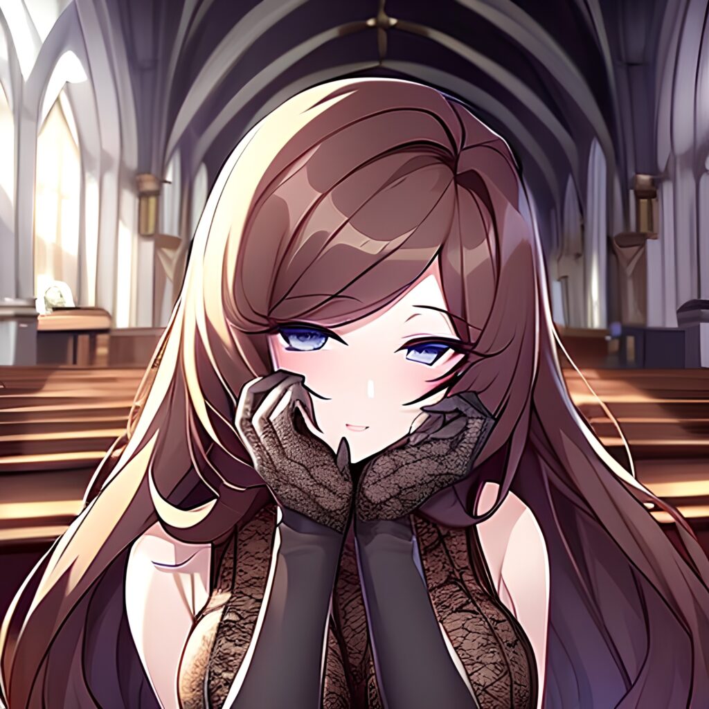 brunette messy hair fishnet church woman long hair 