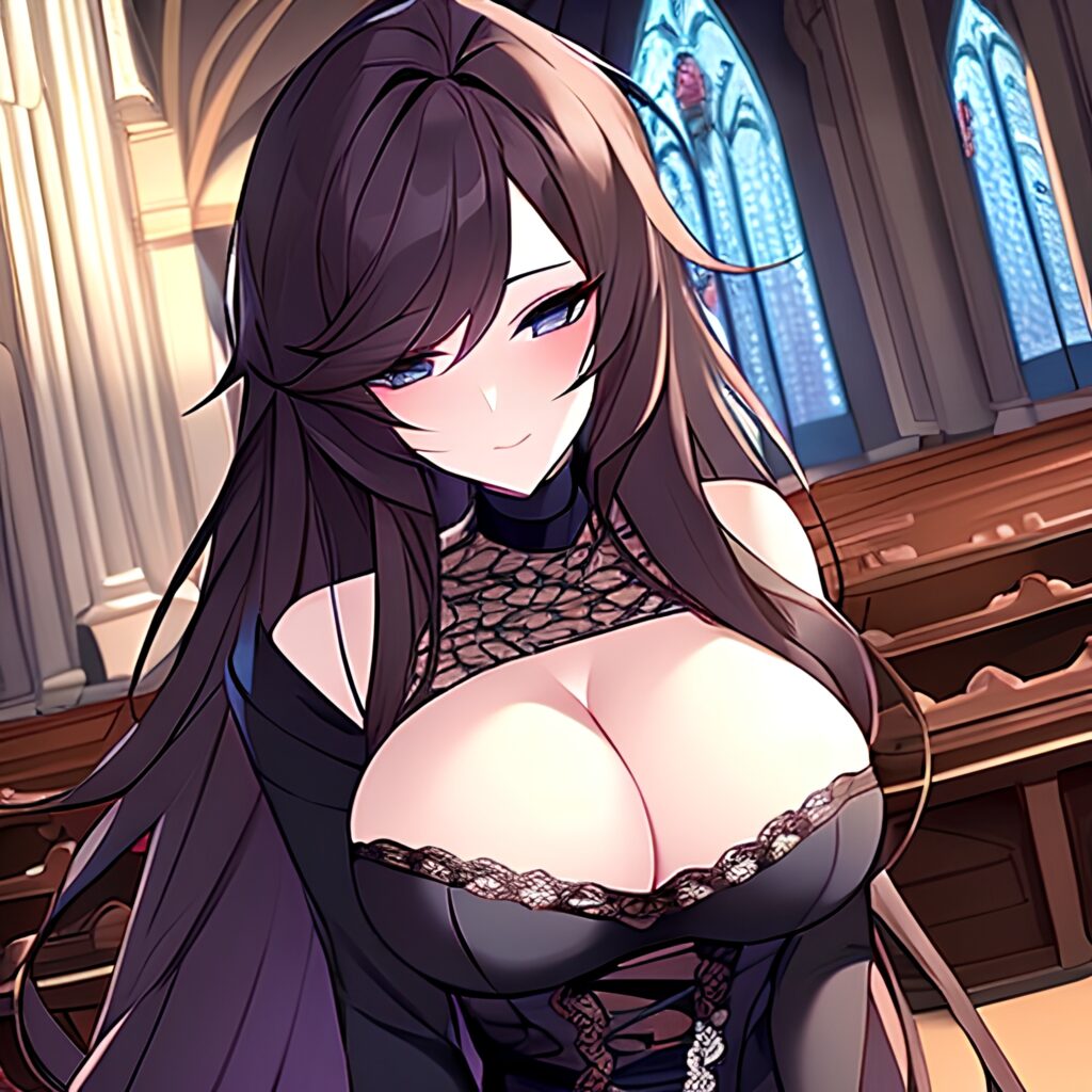 brunette messy hair fishnet long hair church woman 