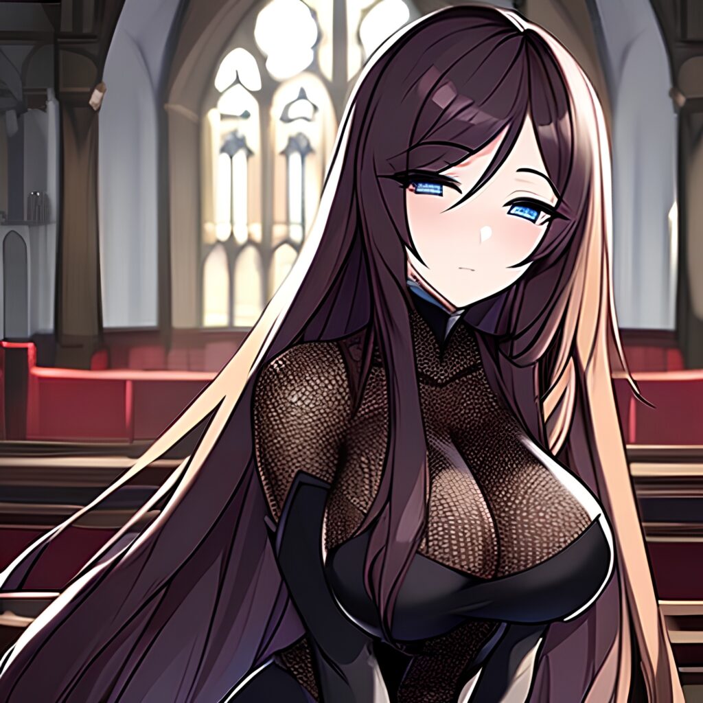 brunette messy hair fishnet long hair church woman