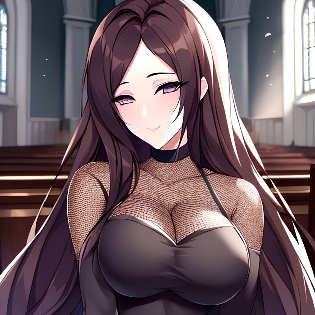 brunette messy hair fishnet long hair church woman 