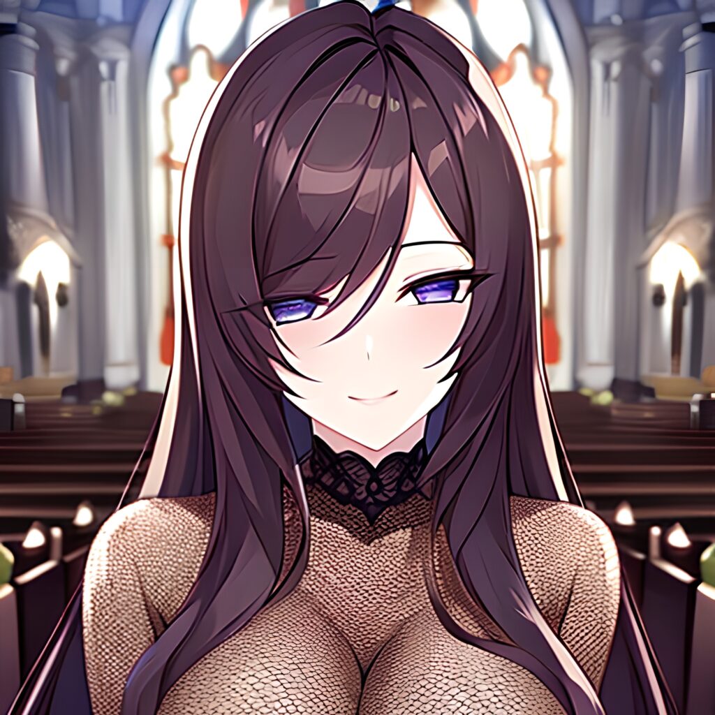 brunette messy hair fishnet long hair woman church