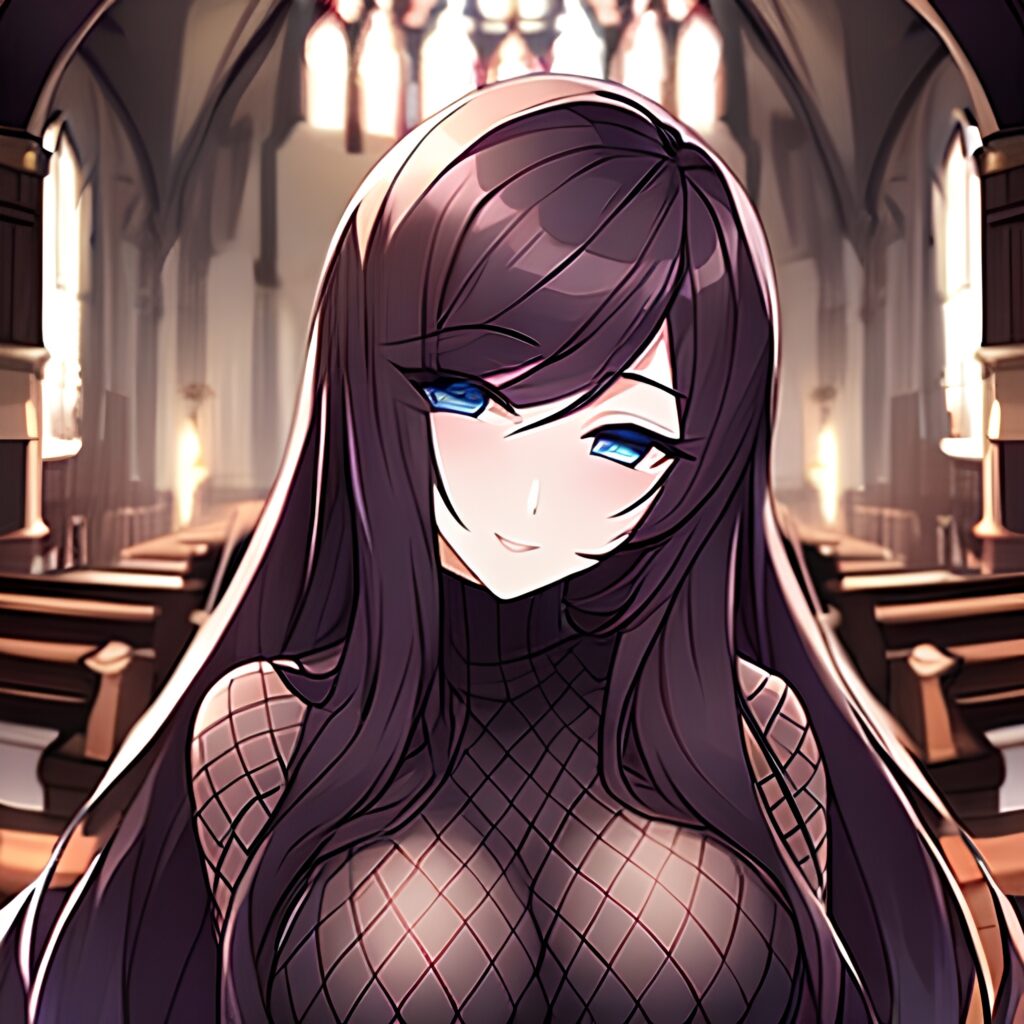 brunette messy hair fishnet long hair woman church