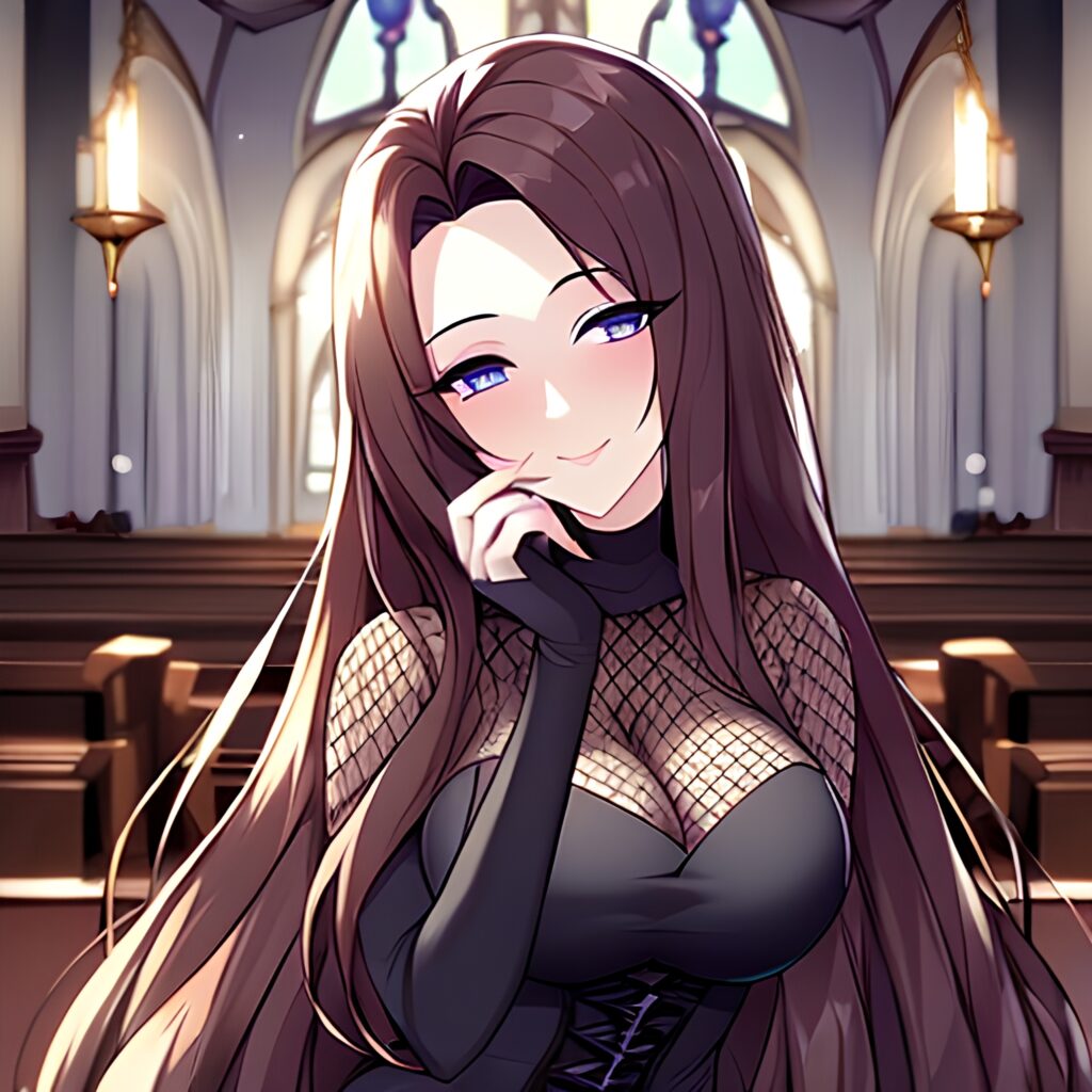 brunette messy hair fishnet long hair woman church 