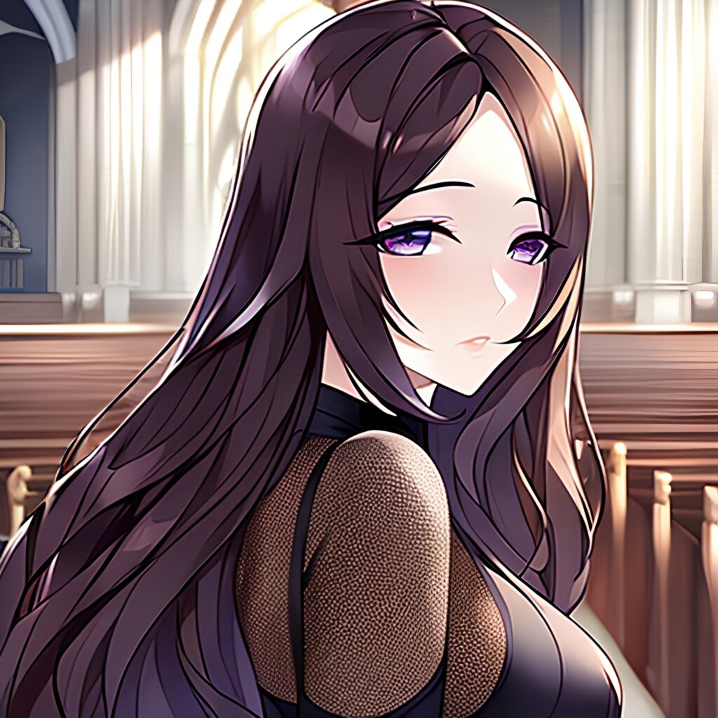 brunette messy hair fishnet woman church long hair