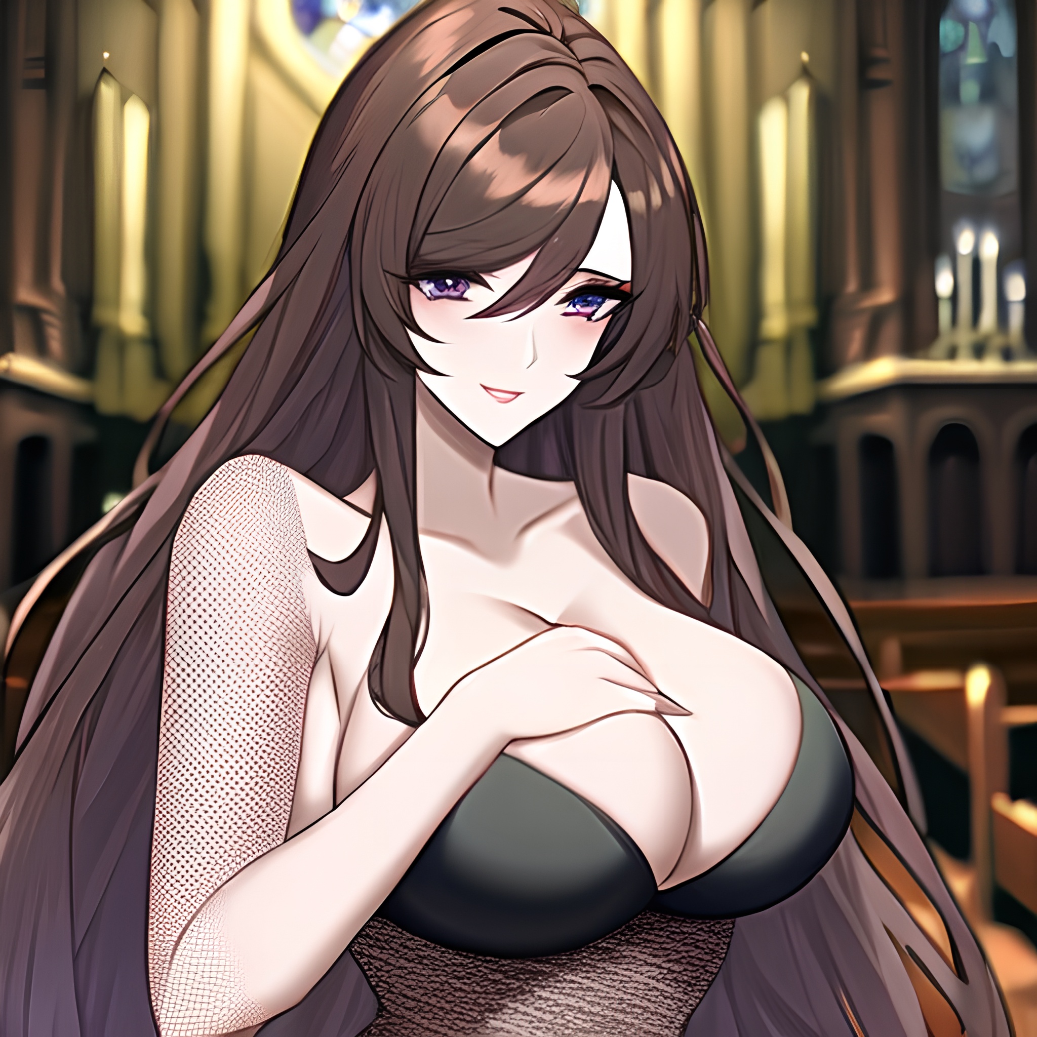 brunette messy hair fishnet woman long hair church