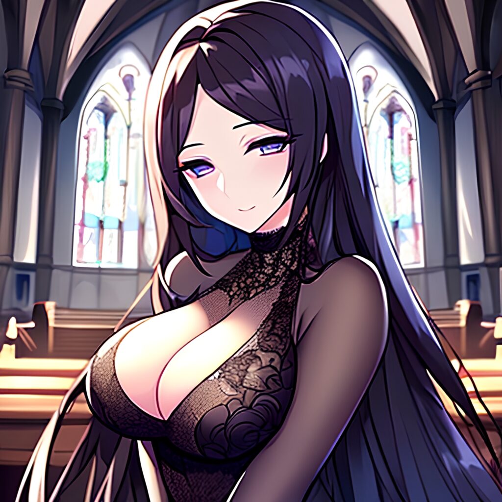 brunette messy hair long hair church woman fishnet 