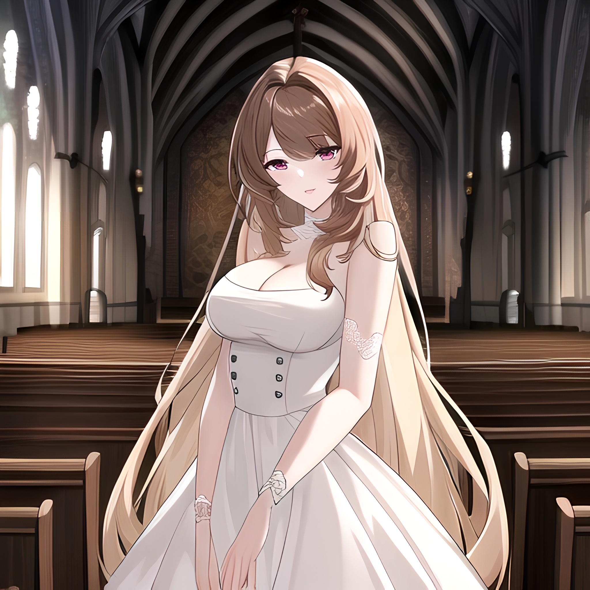 brunette messy hair long hair church woman fishnet 