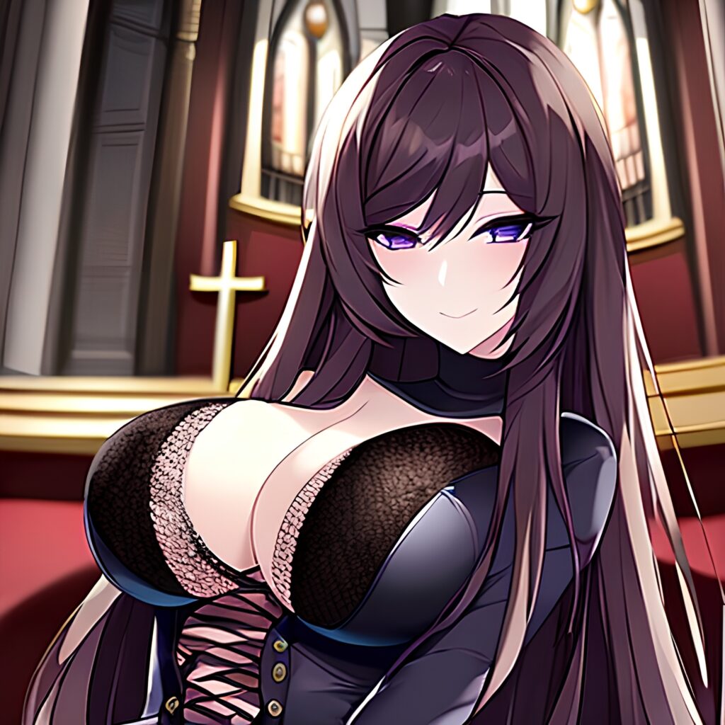 brunette messy hair long hair church woman fishnet