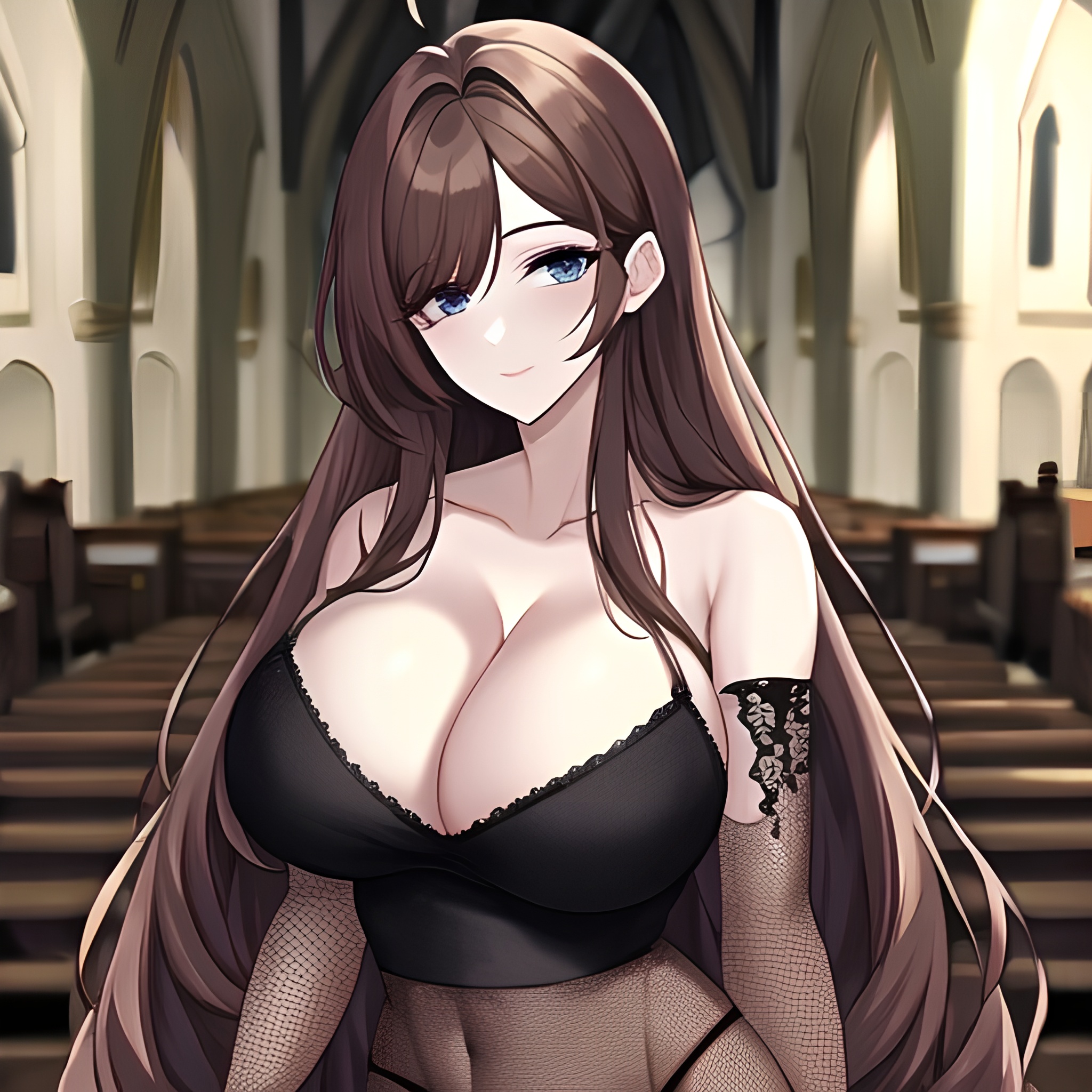 brunette messy hair long hair church woman fishnet 