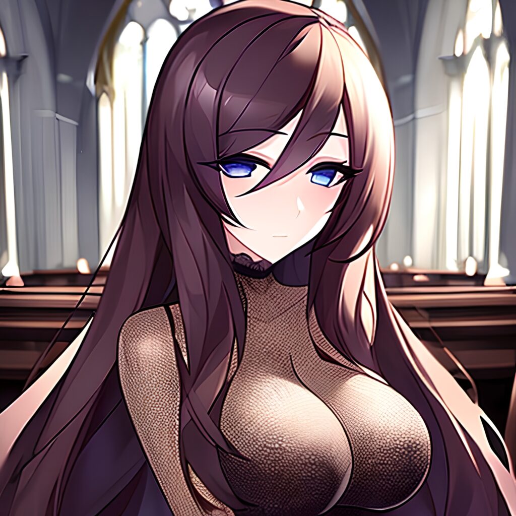 brunette messy hair long hair church woman fishnet