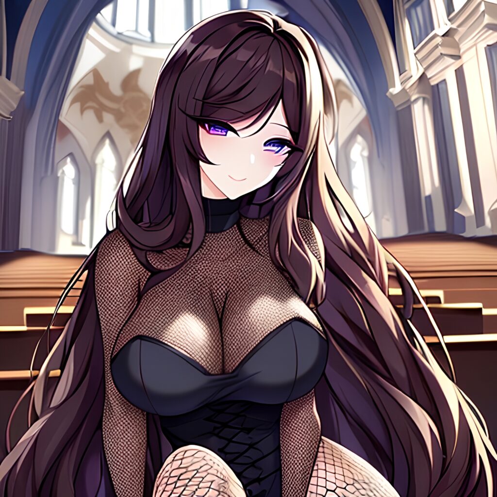 brunette messy hair long hair fishnet church woman