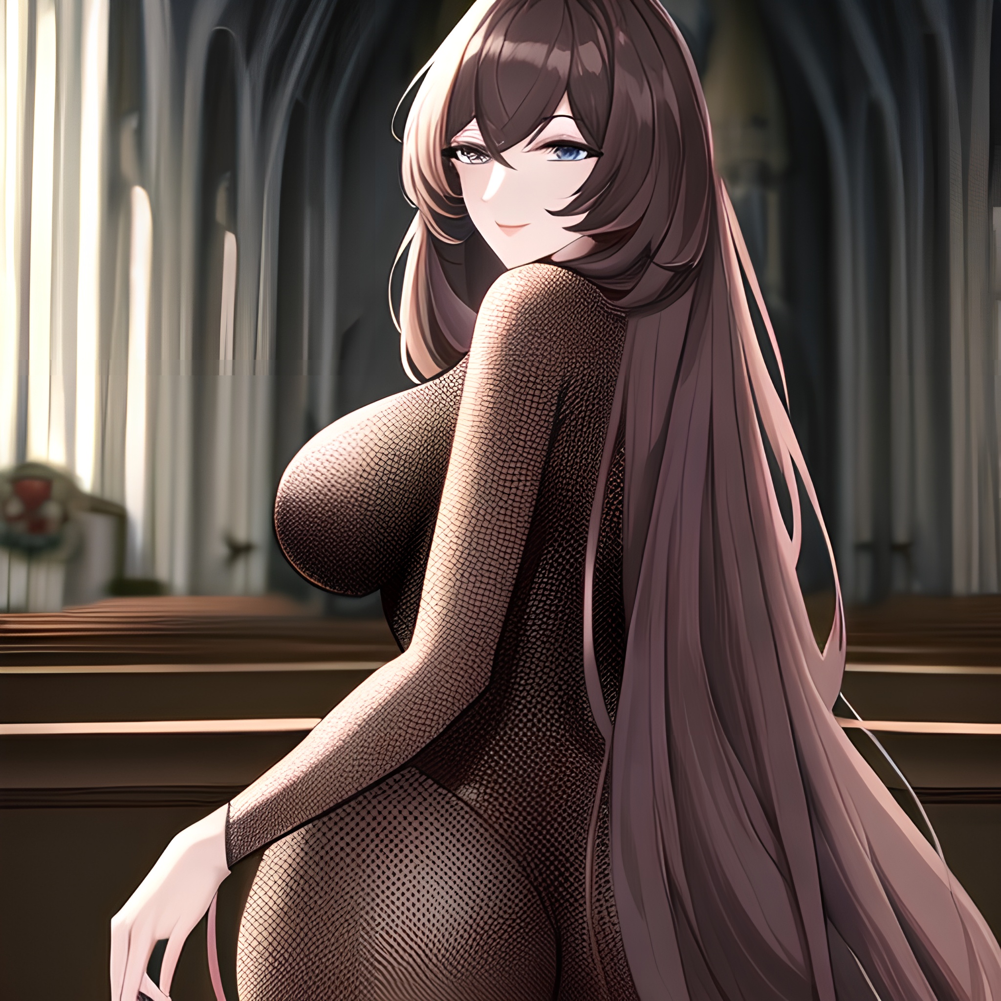brunette messy hair long hair fishnet church woman
