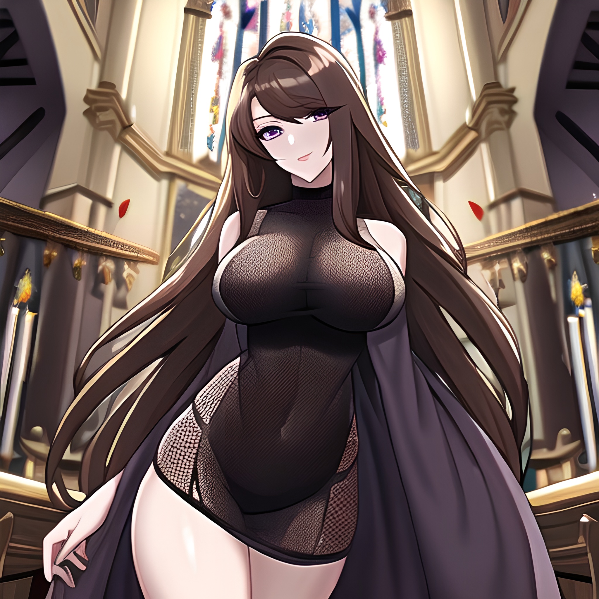 brunette messy hair long hair fishnet woman church