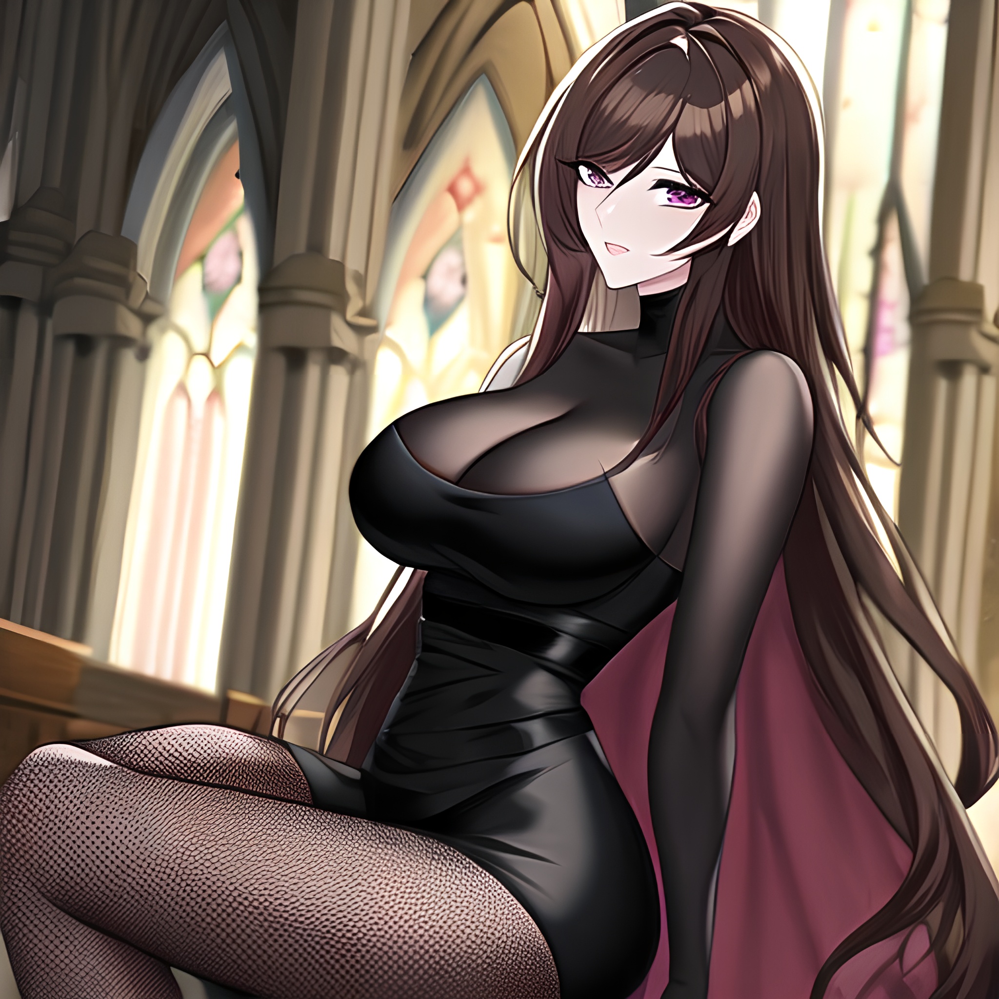 brunette messy hair long hair fishnet woman church 