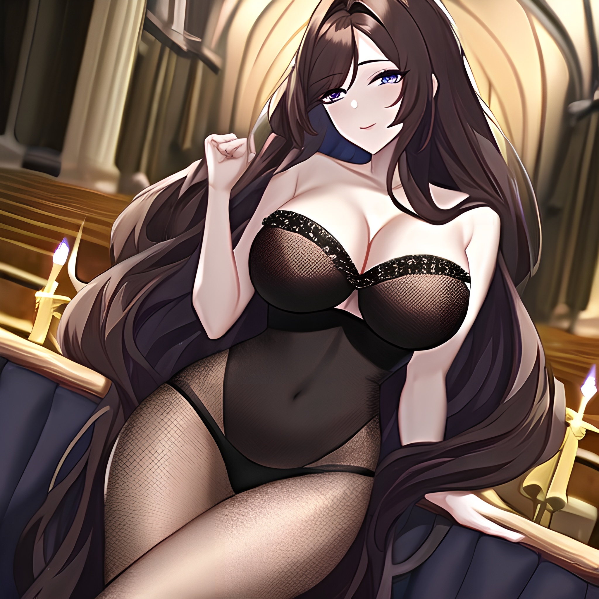 brunette messy hair long hair fishnet woman church