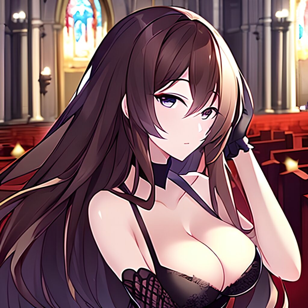 brunette messy hair long hair woman church fishnet