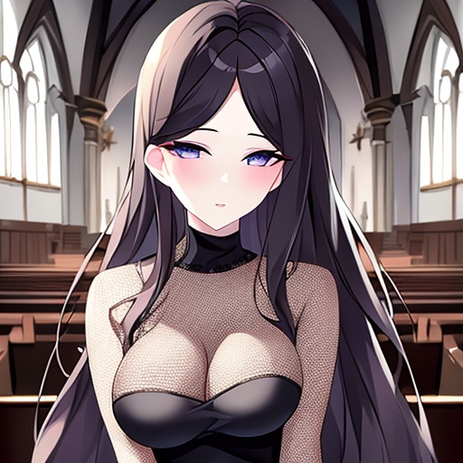 brunette messy hair long hair woman fishnet church 