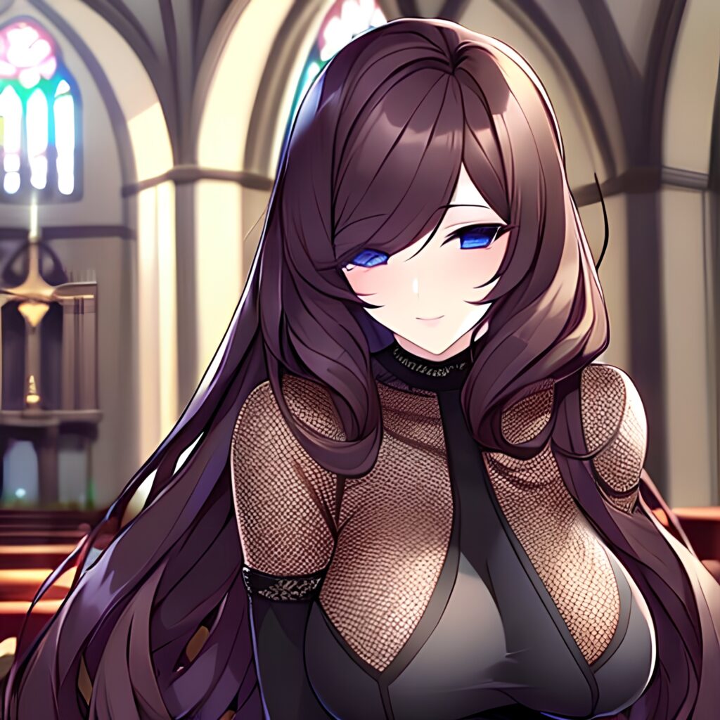 brunette messy hair long hair woman fishnet church 