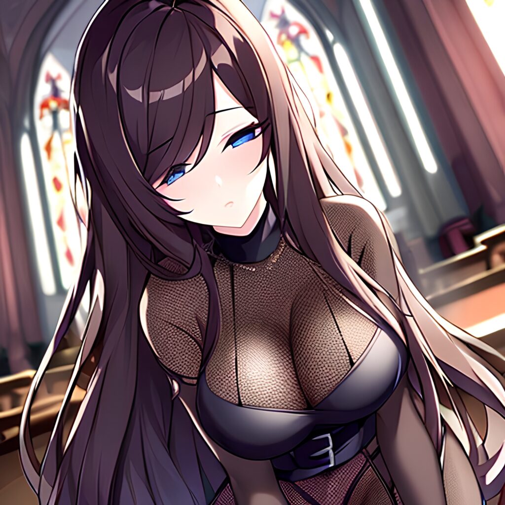brunette messy hair woman church fishnet long hair 