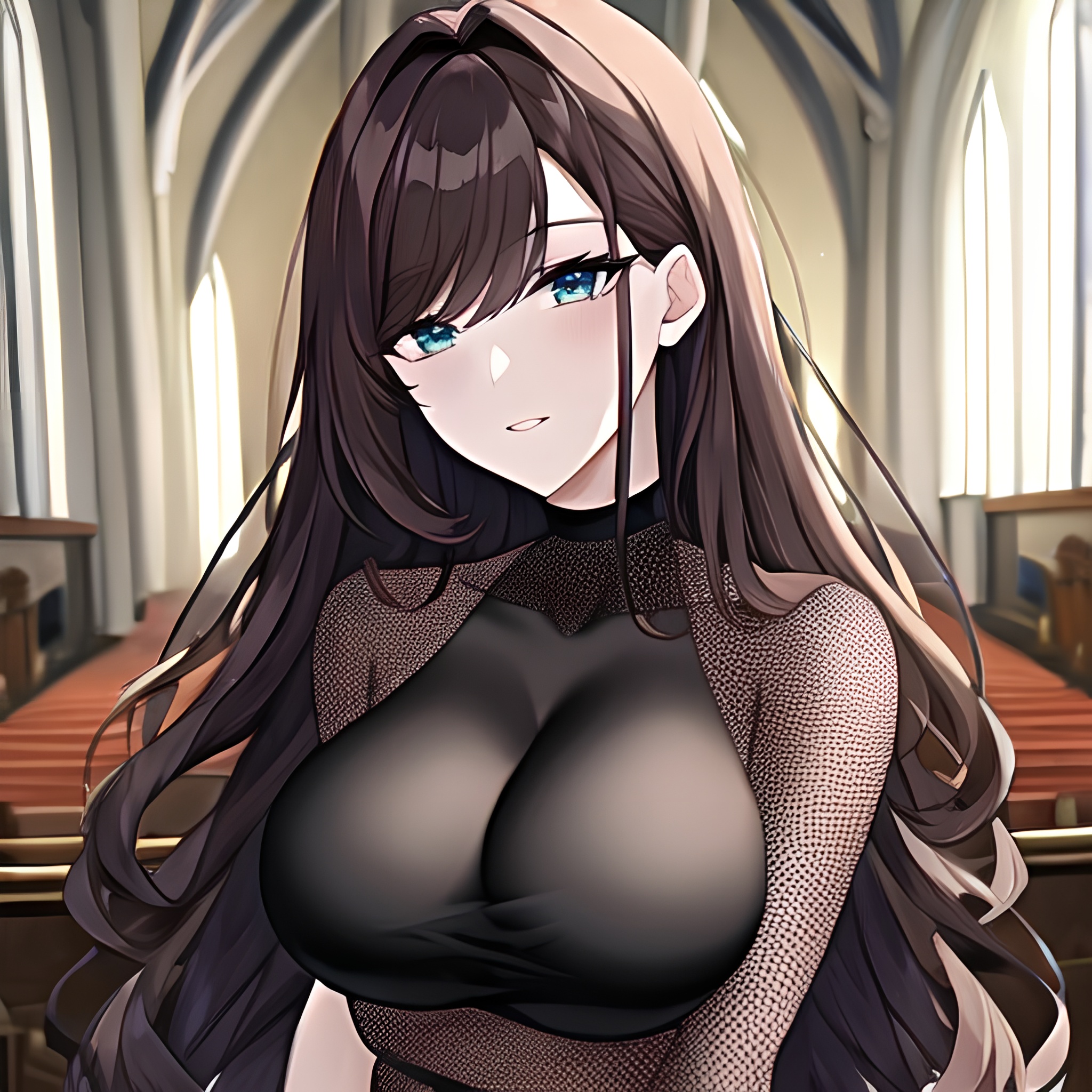 brunette messy hair woman fishnet church long hair