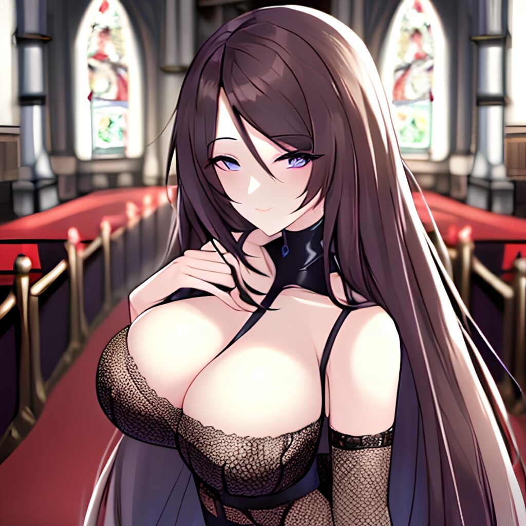 brunette messy hair woman fishnet long hair church 