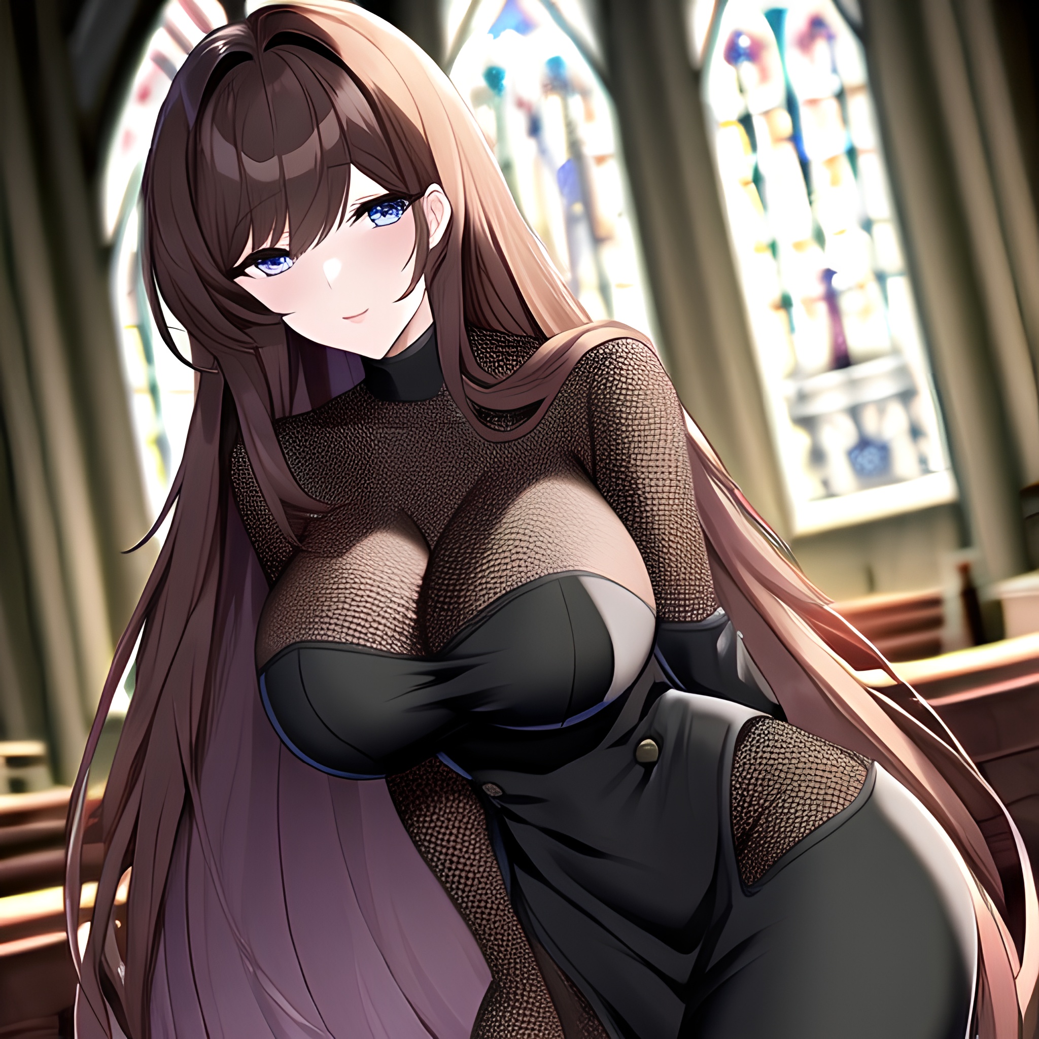brunette messy hair woman fishnet long hair church