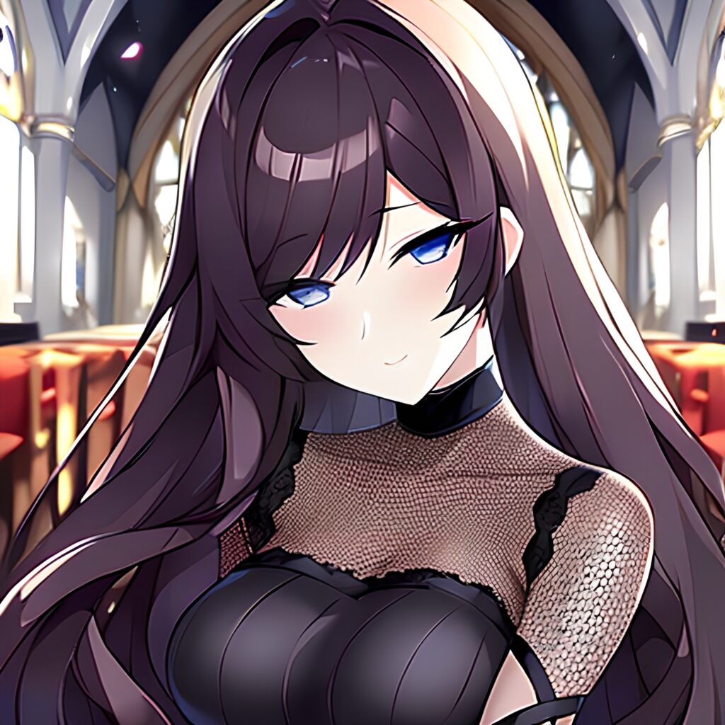 brunette messy hair woman fishnet long hair church