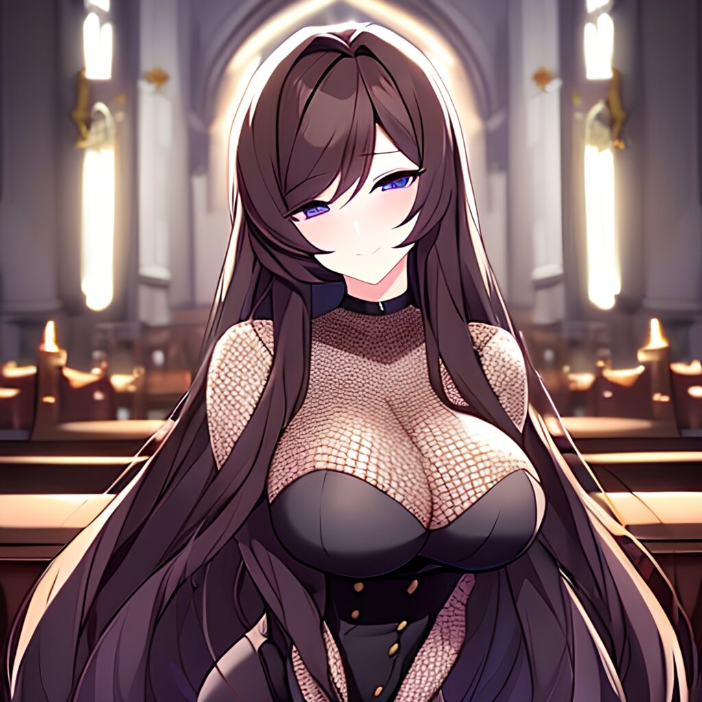 brunette messy hair woman fishnet long hair church 