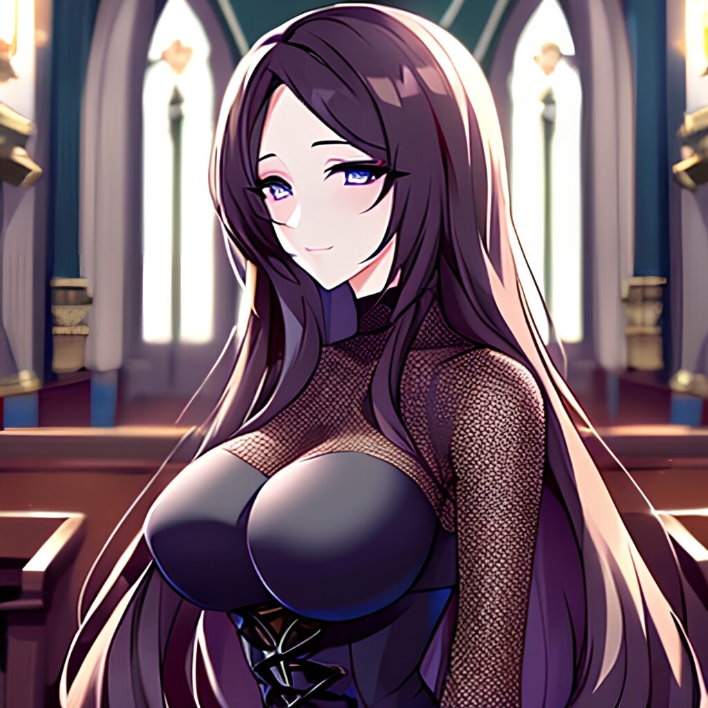 brunette messy hair woman fishnet long hair church 