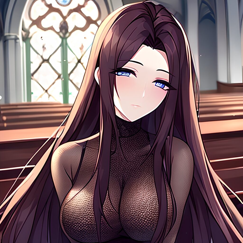 brunette messy hair woman long hair church fishnet