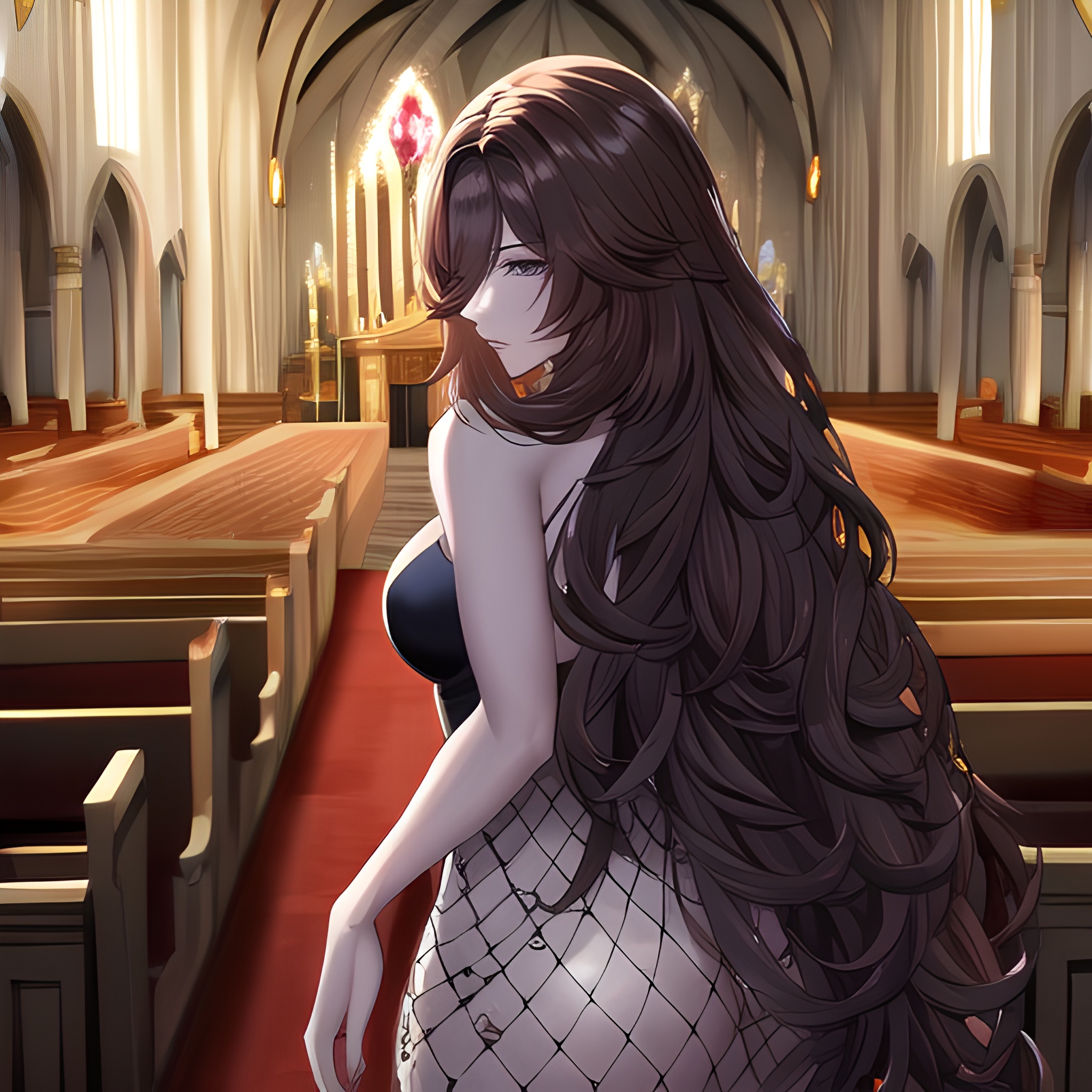 brunette messy hair woman long hair church fishnet 