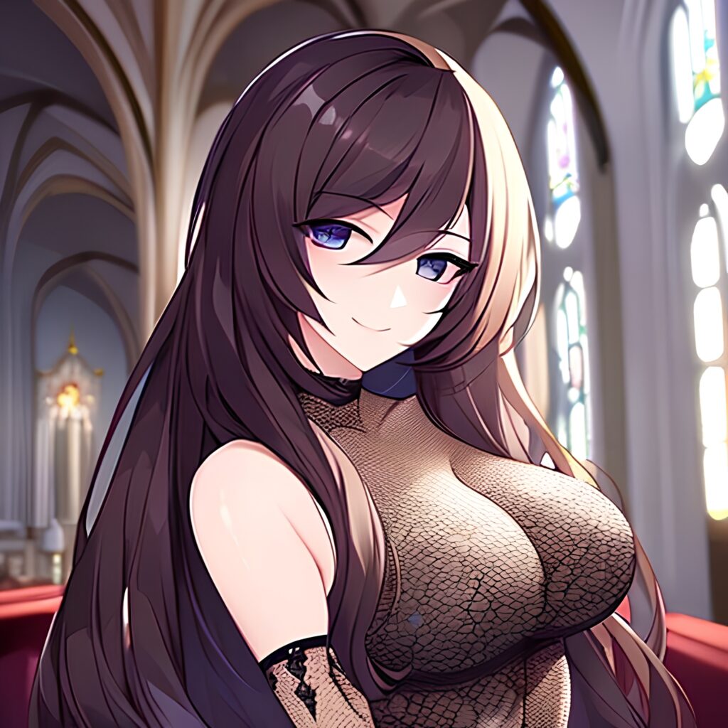 brunette messy hair woman long hair church fishnet 