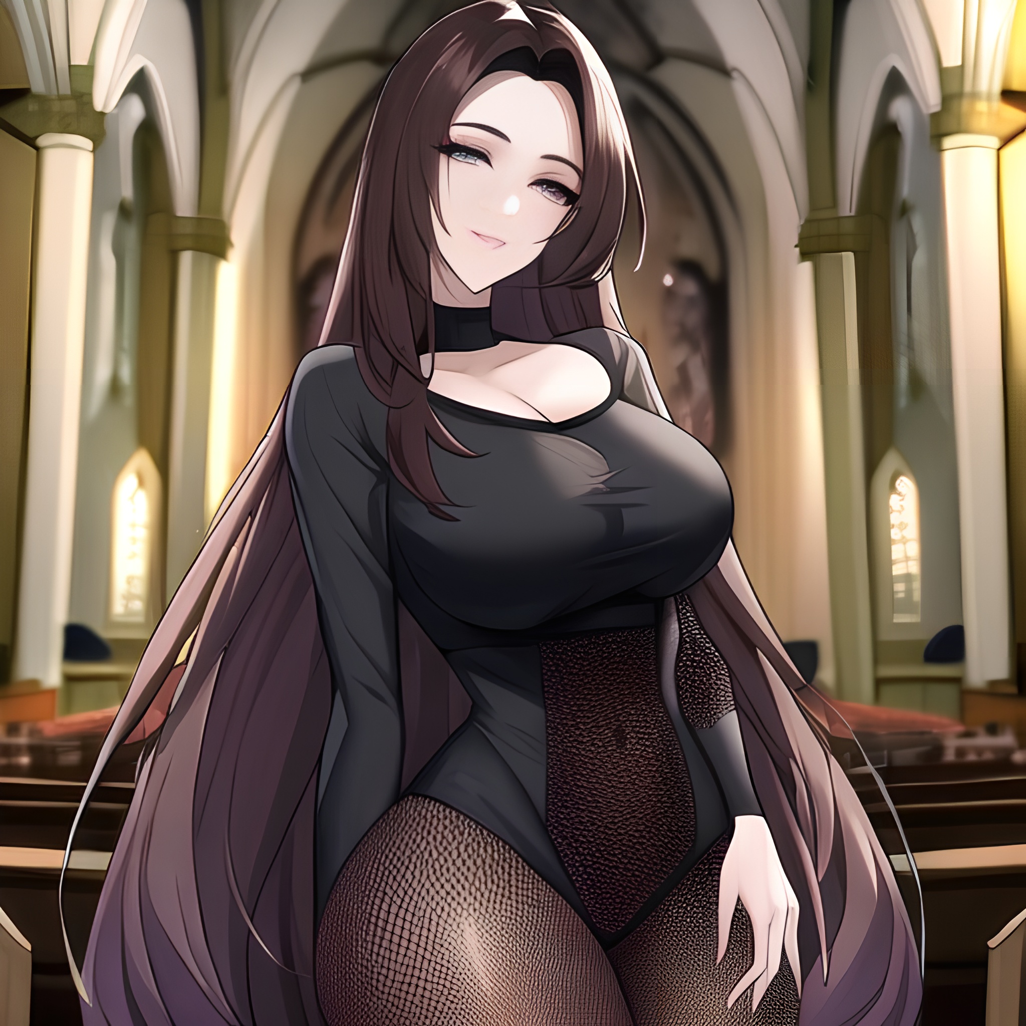 brunette messy hair woman long hair fishnet church 