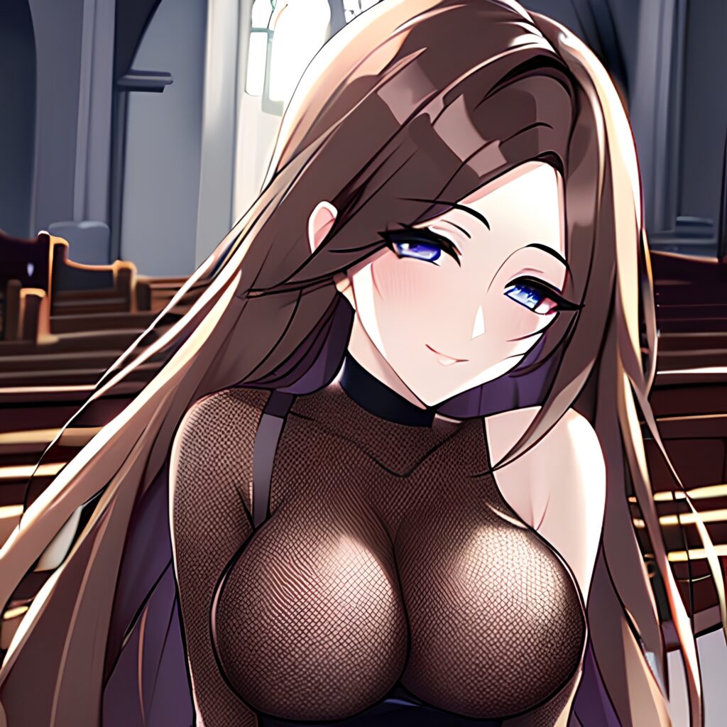brunette messy hair woman long hair fishnet church 