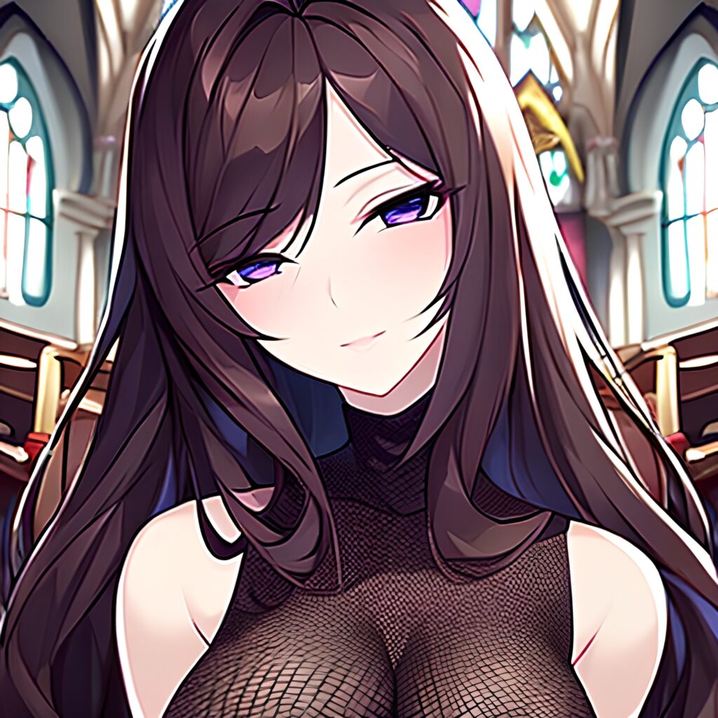 brunette messy hair woman long hair fishnet church