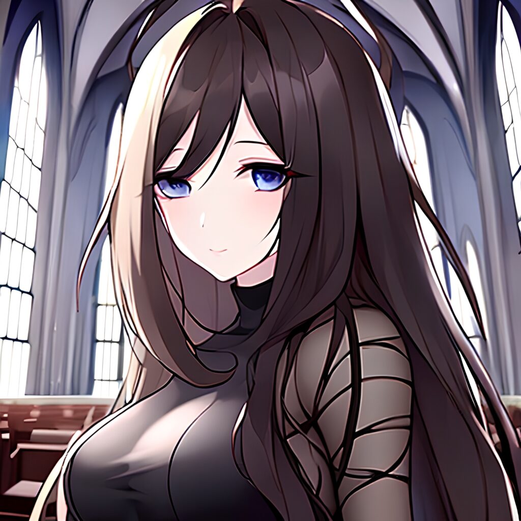brunette messy hair woman long hair fishnet church