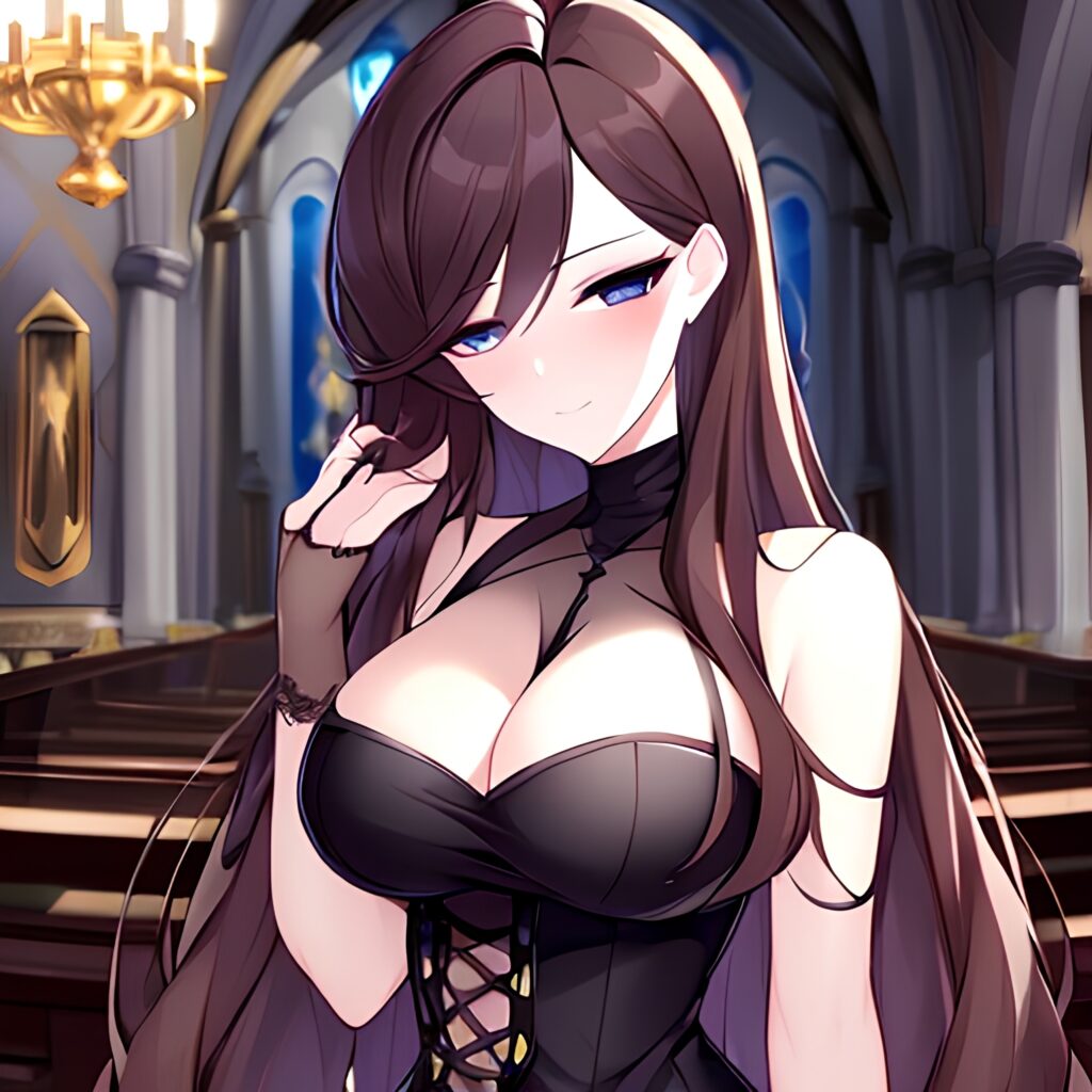 brunette messy hair woman long hair fishnet church