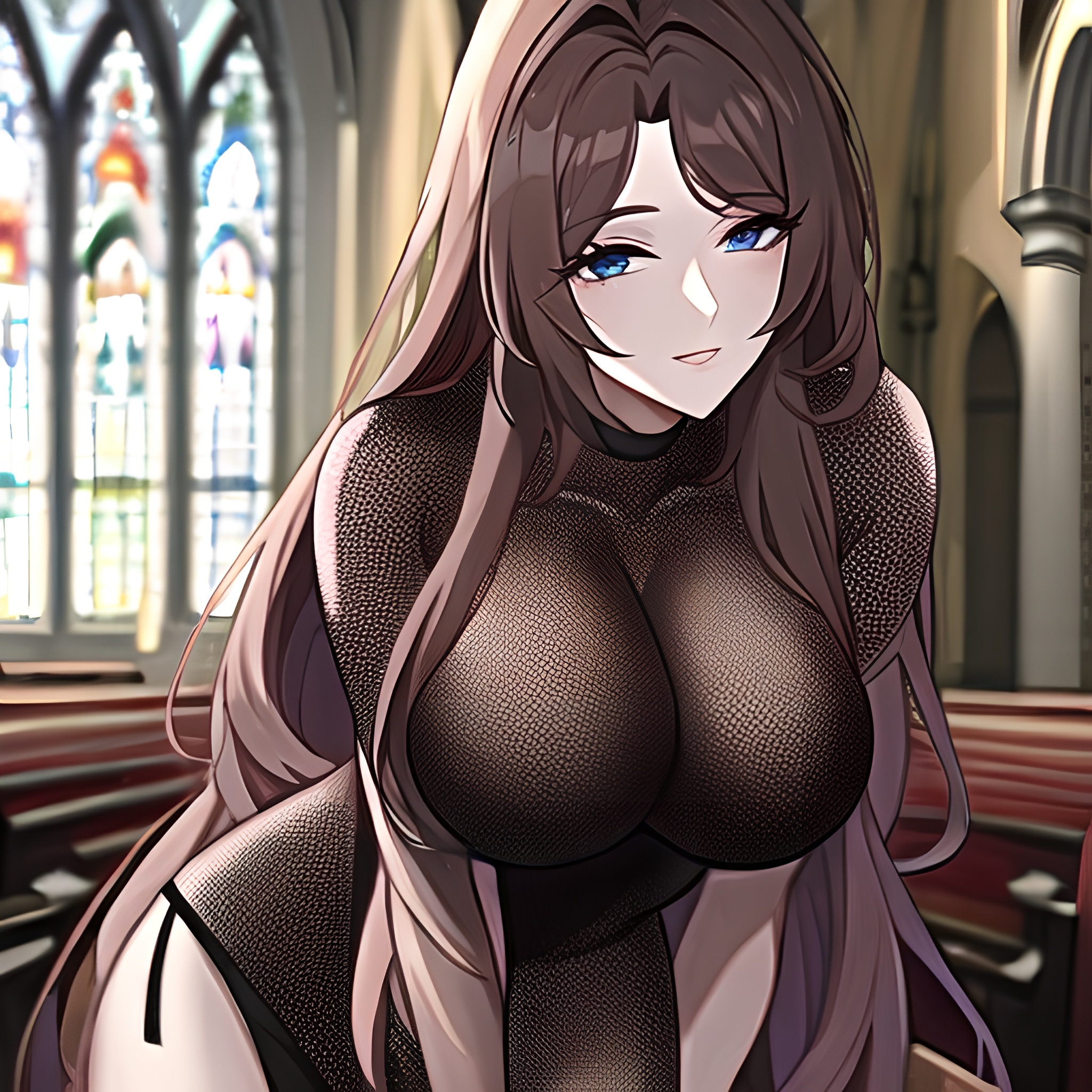 brunette messy hair woman long hair fishnet church 