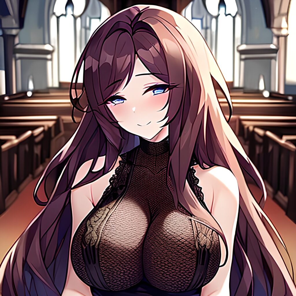 brunette woman church fishnet long hair messy hair 