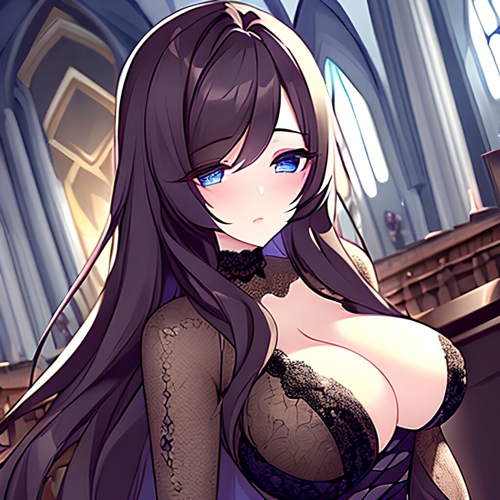 brunette woman church fishnet long hair messy hair