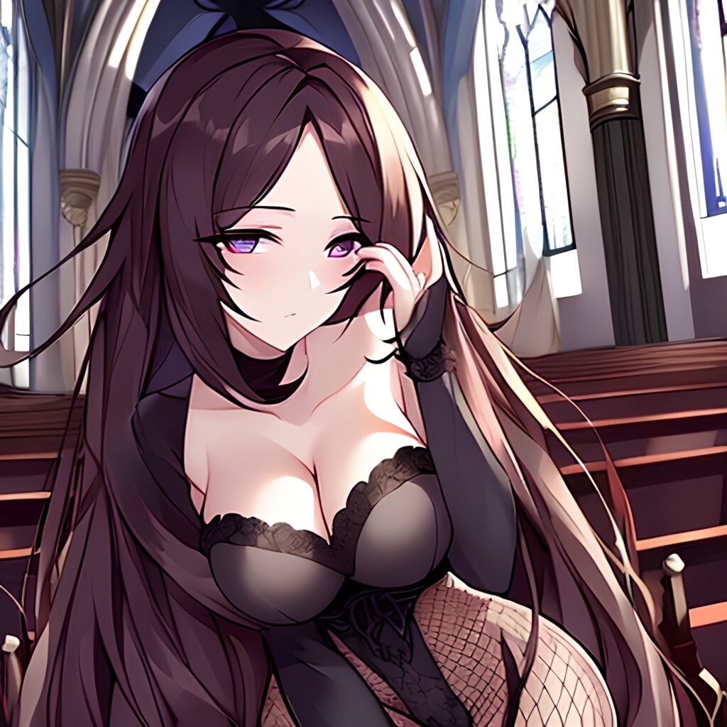 brunette woman church fishnet messy hair long hair