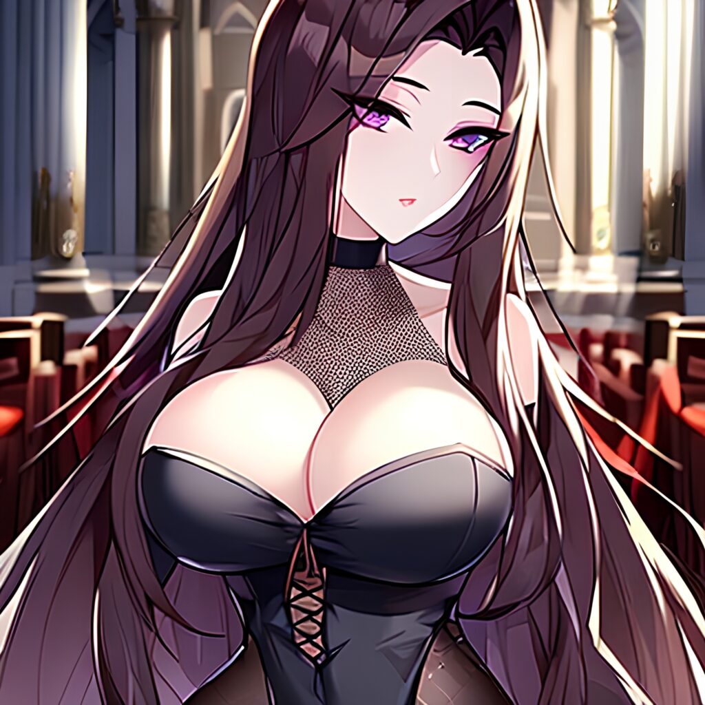 brunette woman church fishnet messy hair long hair