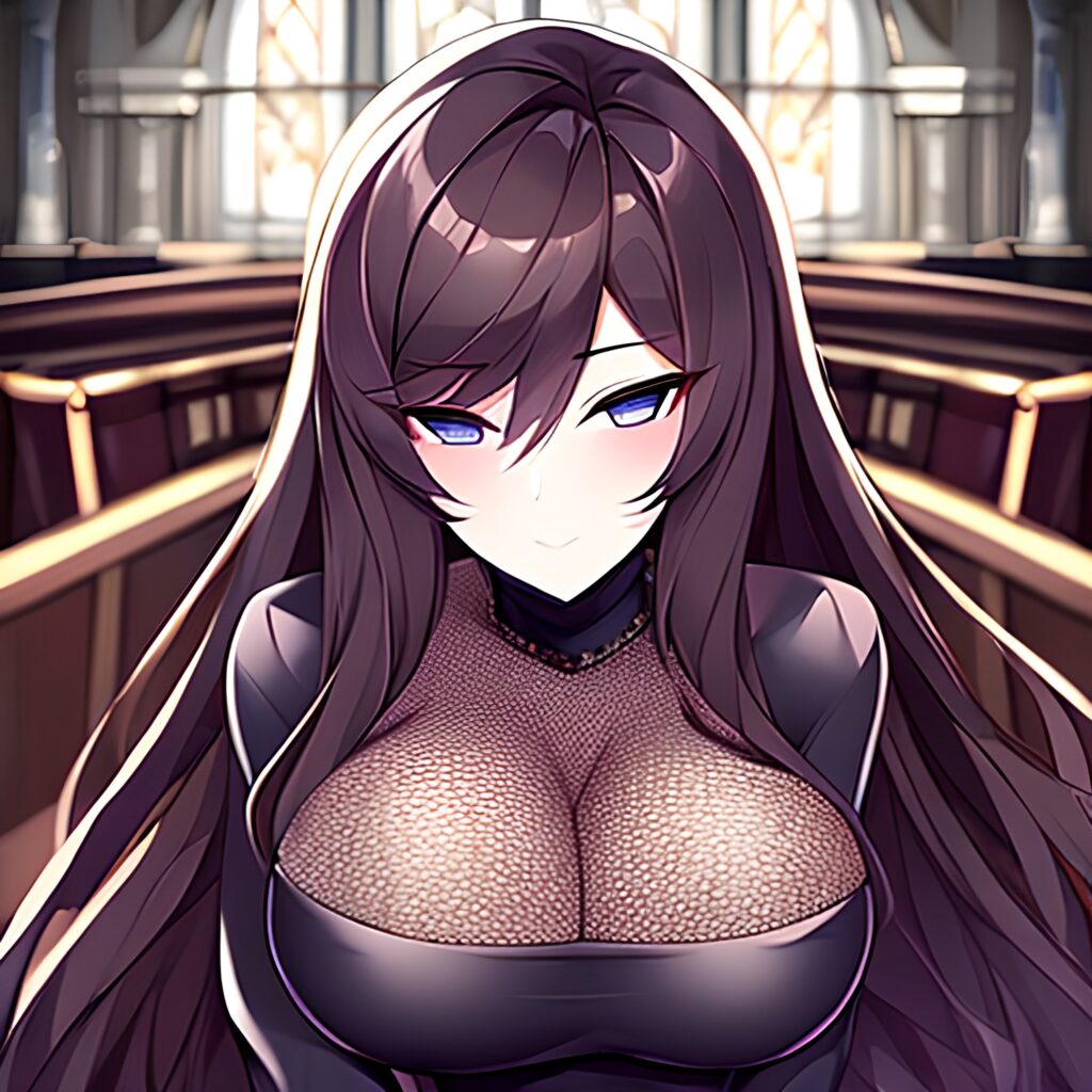 brunette woman church fishnet messy hair long hair 