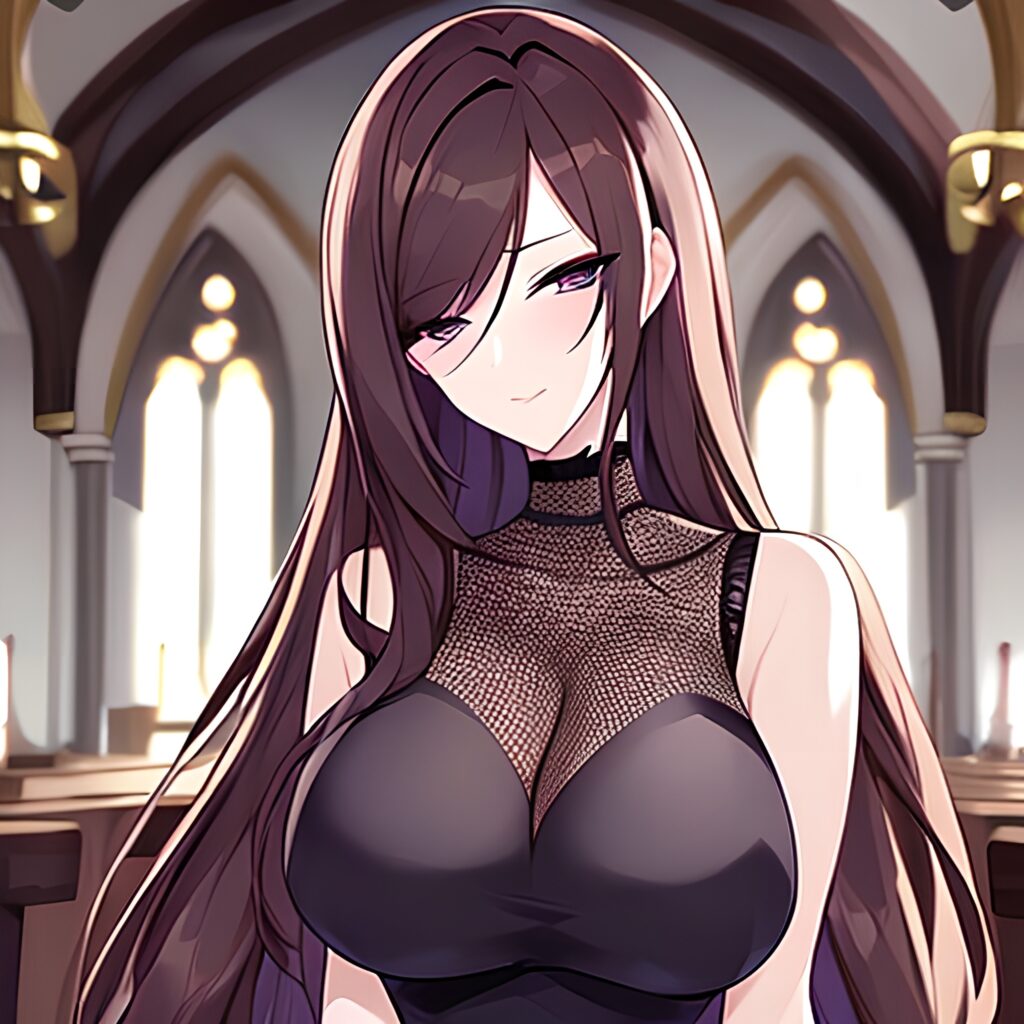 brunette woman church fishnet messy hair long hair 