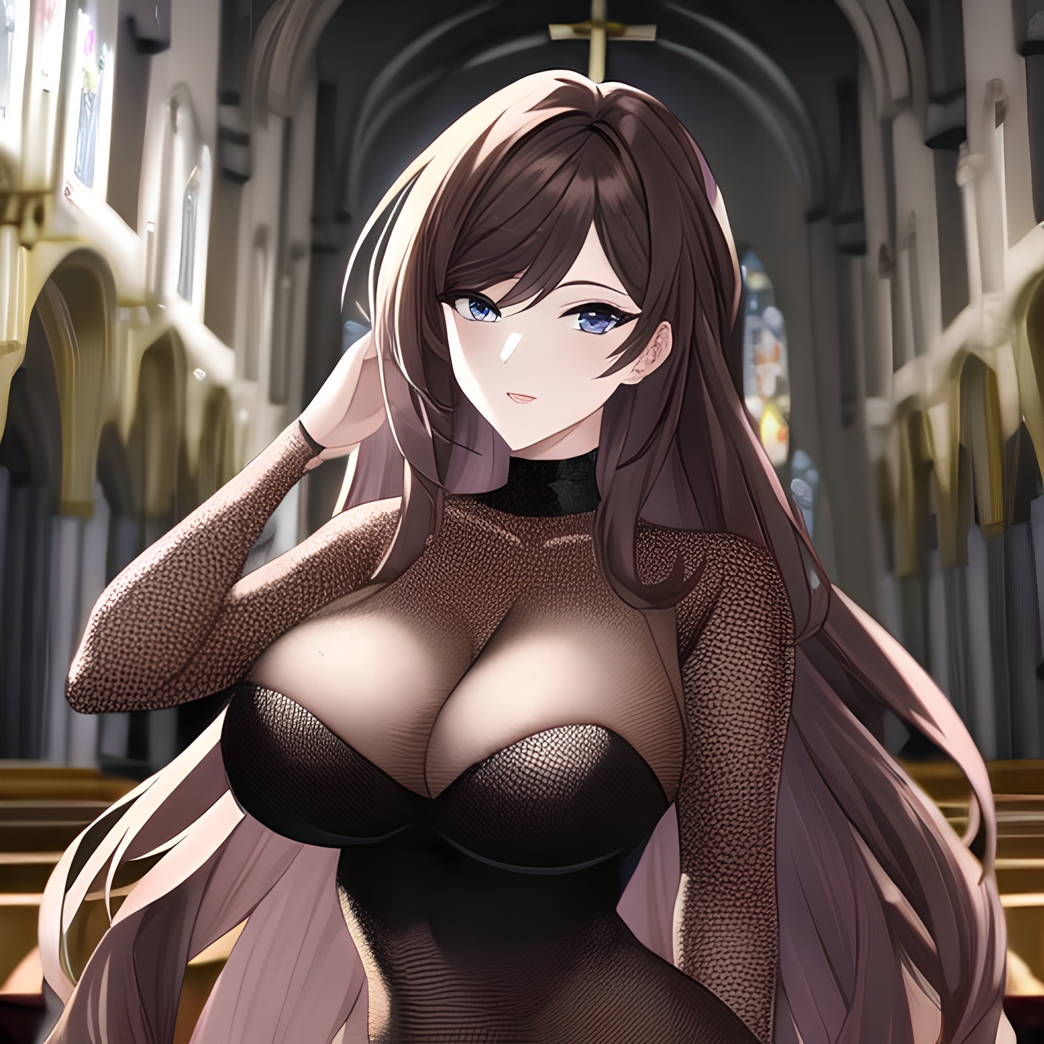 brunette woman church long hair fishnet messy hair