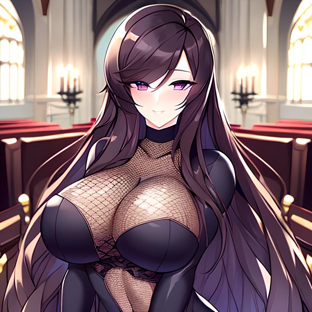 brunette woman church long hair messy hair fishnet 
